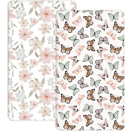 Pack and Play Sheets 2 Pack, Fitted Jersey Knit Mini Crib Sheets for Baby Boys and Girls, Compatible with Graco Pack N Play and Mini Crib Mattress (Butterfly Dance, Pack N Play/Mini Crib Sheets)