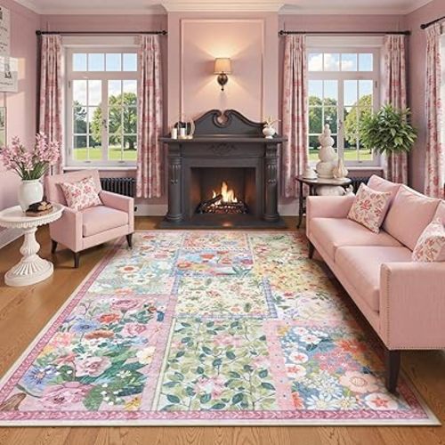 LIVEBOX Pink Washable Rugs 8x10 for Living Room, Soft Rug Pink Rug for Bedroom,Non Slip Ultra Thin Rug Botanical Bedroom Rug 8x10 Under Bed, Floor Carpet for Dining Room Home Office