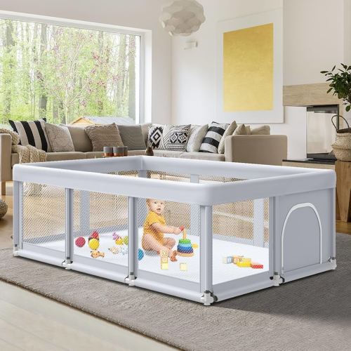 74" ×50" Large Baby Playpen, Baby Playard for Babies and Toddlers, Play Fence Play Pens for Indoor & Outdoor, Sturdy Safety Play Yard with Soft Breathable Mesh, Anti-Fall, Grey