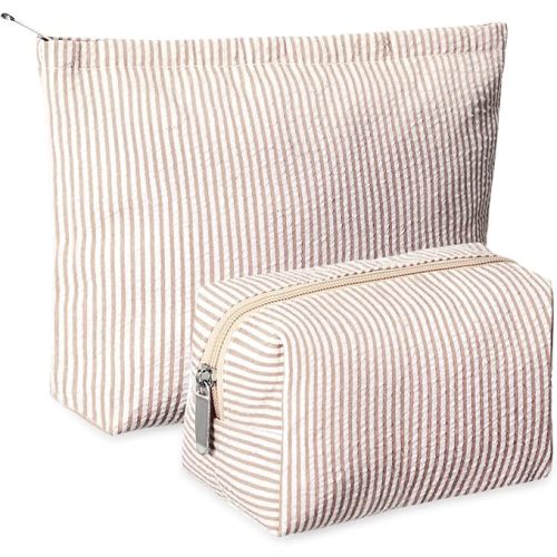 2 Pcs Makeup Bag Set Cute Cosmetic Pouch for Women Seersucker Travel Toiletry Bag Preppy Small Makeup Purse Pouch Aesthetic Skincare Brushes Storage Organizer for Valentine Women(Khaki)