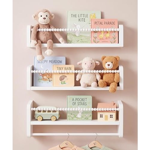 Maxpeuvon Nursery Book Shelves for Wall, White Floating Shelves Set of 3