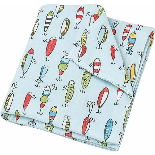 Mud Pie Fishing Lure Muslin Swaddle Blanket, Cotton Baby Receiving Blanket in Kraft Gift Box