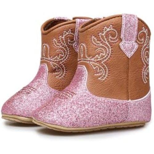 Baby Cowboy Boots for Boys & Girls Embroidery Western Baby Cowgirl Boots Infant Sequin Leather Baby Cowboy Boots Round Toe Ankle High Hook and Loop Shoes Slip-resistant Sole infant First Walker Newborn Soft Sole Flat Shoes