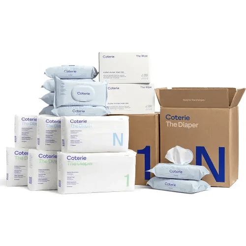 Coterie Baby Diapers + Wipes Baby Kit, Size 1 (99 Count) Size Newborn (93 Count) 8 Wipe Packs (448 Count) Made with Plant-Based Fibers, Hypoallergenic, Designed for Sensitive Skin, Clean Ingredients