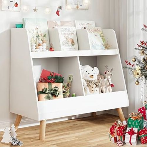 Kids Bookshelf and Toy Organizer, 5 Cubbies Wooden Open Bookcase, 2-Tier Baby Storage Display with Legs, Free Standing Bookshelf for Playing Room, Bedroom, Nursery, Classroom, White