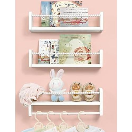 Nursery Bookshelves Set of 3, Natural Wood Nursery Floating Shelves Wall Mount Storage Shelf with Towel Bar Hainging Bookshelf for Kids Room Bedroom Nursery Decor