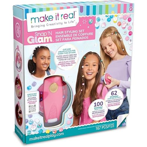 Make It Real: Snap N' Glam Hair Styling Set - Reusable Gems, Accents & Bead Clips, Create Unique Styles for Every Type of Hair, Girls & Kids Ages 8+
