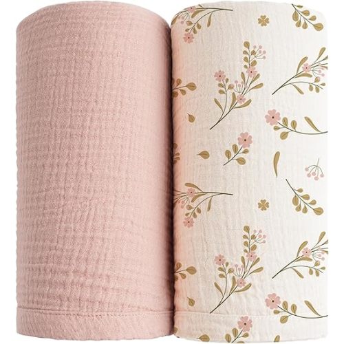 Konssy Muslin Swaddle Blankets for Boys Girls, 2 Pack Receiving Baby Blanket Large 47 x 47 inches, Soft Breathable Swaddling Wrap for Unisex Newborn (Pink, Floral)