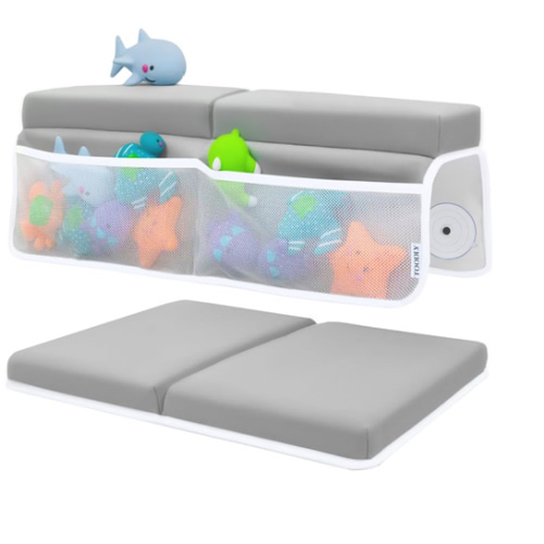 Baby Bath Kneeler and Elbow Rest Pad Set - Baby Bath Support for Knees and Elbows - Bath Kneeler Pad with Memory Foam and Bath Toys Organizer - Ideal Bath Kneeling Pad for Bathing Baby - Grey
