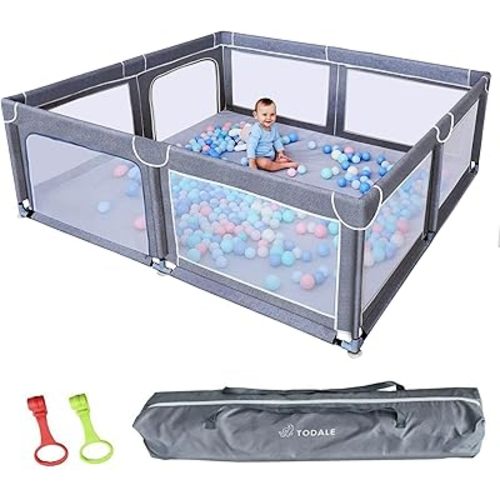 TODALE Baby Playpen 70”×59”- Play Yard with Tear-Resistant Material, Anti-Slip Suckers, Breathable Mesh, Gate - Kids Big Play Pens for Babies and Toddlers, for Sleep & Activity, Baby Fence, Grey