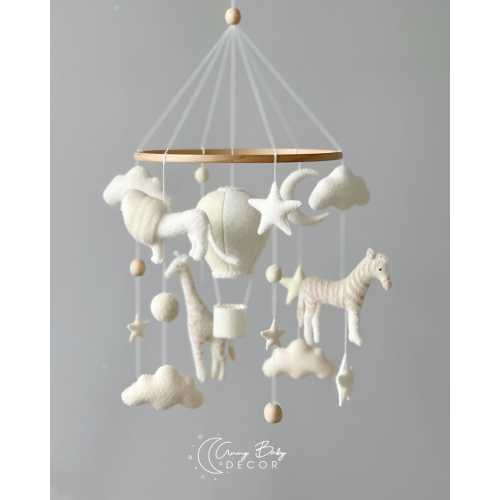 Hot air balloon crib mobile. White baby mobile neutral animals Africa nursery mobile felt Africa safari giraffe, lion, zebra and elephant.