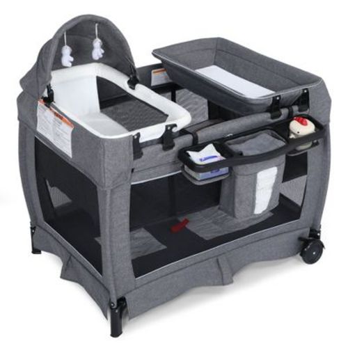 Kinder King 4-in-1 Convertible Baby Playard with Bassinet, Diaper Changer, Cradle&Bedside Sleeper, Breathable Mesh, Storage Organizer&Lockable Wheels