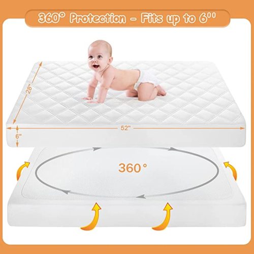 Yoofoss Waterproof Crib Mattress Protector, Quilted Fitted Crib Mattress Pad, Ultra Soft Breathable Toddler Mattress Protector Baby Crib Mattress Cover (52''x28'') - White - Microfiber