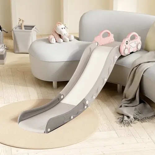 Indoor Kids Baby Couch Slide for Toddler 1-3, Sofa Slide Add-on Attachment for Bed Nugget Playgrounds, with Secure Base Guardrail, Gentle Slope Extended Buffer Zone, Fun Car Design, Pink