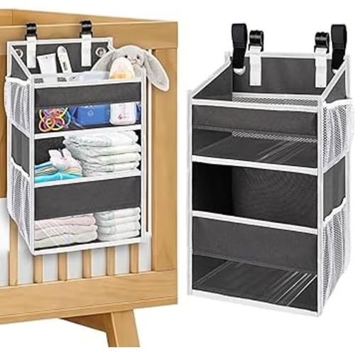 Hanging Diaper Organizer for Changing Table, Cribs, Car, Playard or Wall & Nursery Organization - Durable 2-Tier Diaper Caddy with Mesh Pockets and Viewable Design, Won't Deform, Crib Accessories