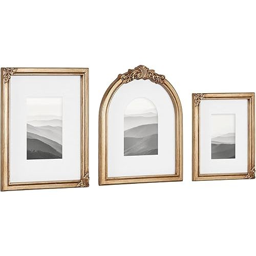 Kate and Laurel Arendahl Three-Piece Picture Frame Set, Antique Gold, Set of 3, Varying Sizes, Vintage Rectangle and Arched Photo Frame Set for Use as Gallery Wall Frames