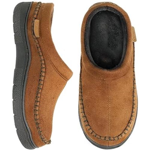 (Men’s 10.5) Zigzagger Men's Slip On Moccasin Slippers, Indoor/Outdoor Warm Fuzzy Comfy House Shoes, Fluffy Wide Loafer Slippers