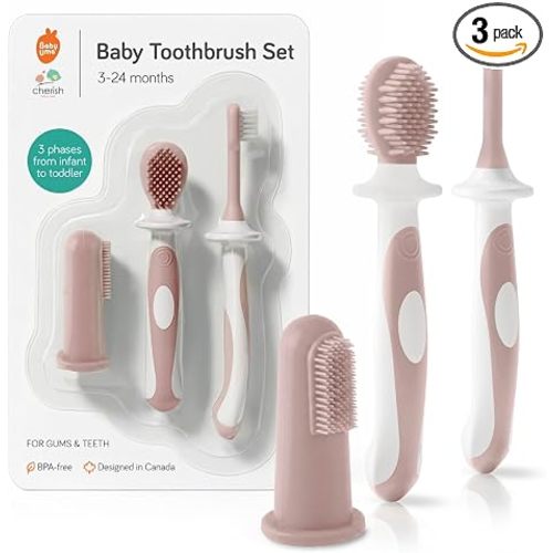 Cherish Baby Care Baby Toothbrush Set 0-2 Years - Silicone (Dusty Rose) | Award-Winning: BPA-free, safety-tested food-grade silicone infant toothbrush set for babies 6 to 24 months.