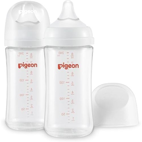 Pigeon Glass Nursing Bottle Wide Neck, Anti-Colic, Streamlined Body, Natural Feel, Easy to Clean, Heat-Resistant, 8.1 Oz(Pack of 2), Includes 2pcs M Nipples (3m+)
