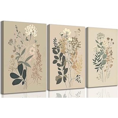 UHVBBCO 3 Pcs Vintage Neutral Flower Canvas Wall Art Rustic Farmhouse Daisies Wildflowers Ferns Floral Botanical Still Life Picture Wall Decor Poster Printing Artwork for Living Room Bedroom