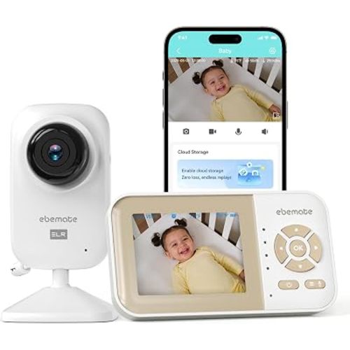 ebemate Update Freedom Wi-Fi Baby Monitor with 2.8" LCD Screen Video & Audio,4 x Zoom Mode & 720P HD Camera, 2-Way Talk Cam with Intelligent Review & Growth Album,1200FT