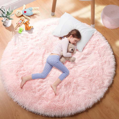 Sanmadrola Round Area Rug for Bedroom Fluffy Circle Rug 5.2'X5.2' for Kids Room Furry Carpet for Girls Bedroom Shaggy Circular Rug for Nursery Room Fuzzy Plush Rug Dorm Cute Room Decor for Baby Pink