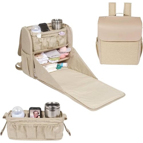 Diaper Bag Backpack Convertible - 800D Reinforced Stitching -Full Open Cabinet and Padded Changing Station, Removable Caddy with Two Drink Holders and Angled Cell Phone Storage for Viewing, Black