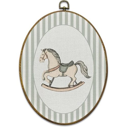 Vintage Rocking Horse Nursery Wall Art Decor, Kids Room Framed Canvas Prints 8.6x11.4, Sage Green Striped Oval Wall Hanging Artwork Decorations for Kids Girl Boy Nursery Room Bedroom Playroom