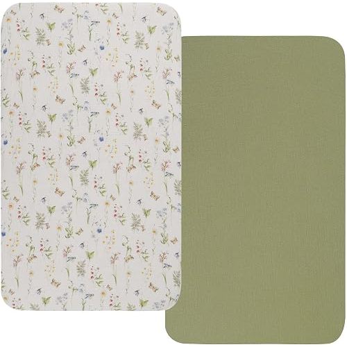 Onacosht Muslin Bassinet Sheets 2 Pack, 35"x20", Floral & Lime Green