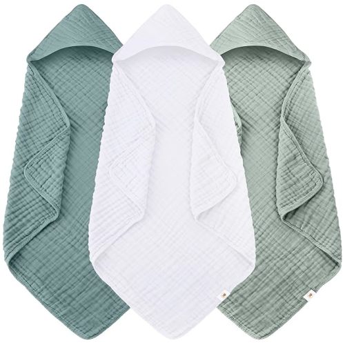 Sunny zzzZZ Muslin Hooded Baby Bath Towels - 3 Pack 100% Cotton Soft Low-Saturation Pastel Towels Including Classic White for Newborns, Infants, Toddlers - 32x32 Inch - Light Emerald and White