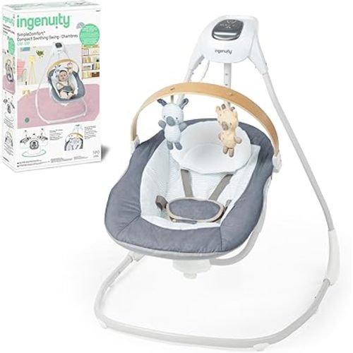 Ingenuity SimpleComfort Compact Soothing Swing, Rotating Bar, Rotating Seat, 6 Speeds, for Ages 0-9 Months, Up to 20 Pounds - Chambray