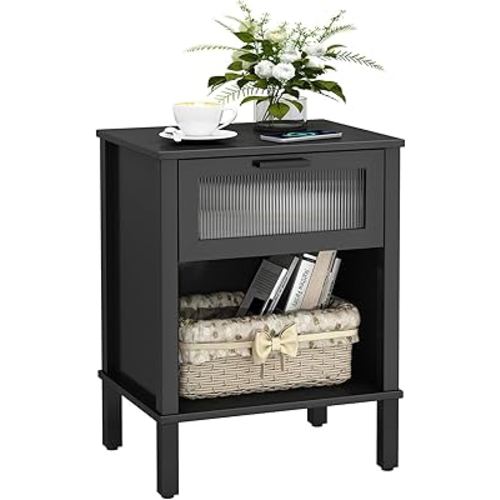 Small Black Nightstand, End Table with Drawer, Bed Side Table,Nightstand with Acrylic Drawer for Living Room, Bedroom,Small Space Black CTG67B