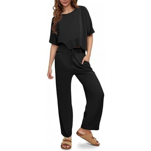 Fisoew Womens 2 Piece Outfits Sweater Sets Knit Split Crop Tops High Waisted Pants Lounge Set