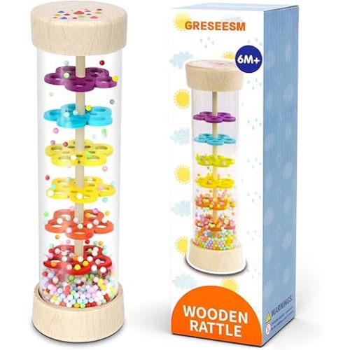 Montessori Baby Toys, 6-12 Months, Wooden Rattle Sensory Rain Stick, Newborn Travel Activities, Unisex, Multiple Colors, Music, No Batteries
