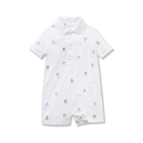 Sailboat Print Pima Cotton Polo Romper, 6-12M