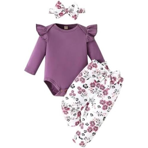 GDTOGRT Newborn Baby Girl Clothes Outfit Set Sweet Ruffle Romper, Pants and Headband 0 3 6 9 12 18 Months Infant Clothing