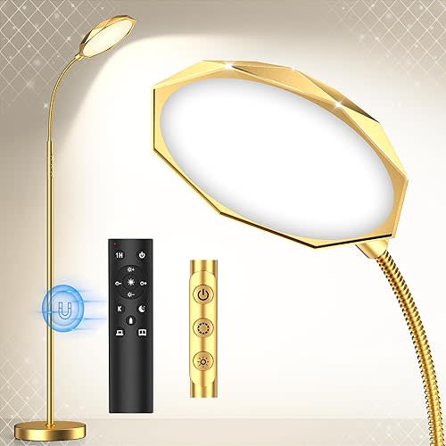 Floor Lamp, 18W Bright LED Floor Lamps for Living Room, Stepless Adjustable Colors & Dimmer Standing Lamp with Timer, Remote & Touch Control, Reading Lights for Bedroom, Office(Gold)