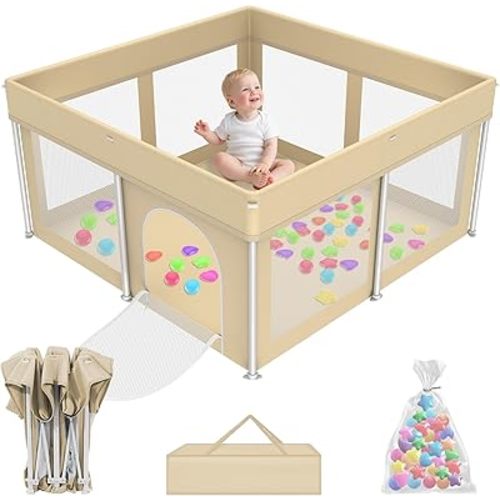 Foldable Playpen for Babies and Toddlers,50"×50" Collapsible Play Pen with 50 Ball Pit Balls, Portable Indoor & Outdoor Play Yard, Baby Fence with Carry Bag, Mat Not Include, Beige