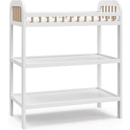 Storkcraft Pasadena Changing Table with Water-Resistant Changing Pad (White with Driftwood) - GREENGUARD Gold Certified, Includes Bonus Water-Resistant Changing Pad with Safety Strap, 2 Open Shelves