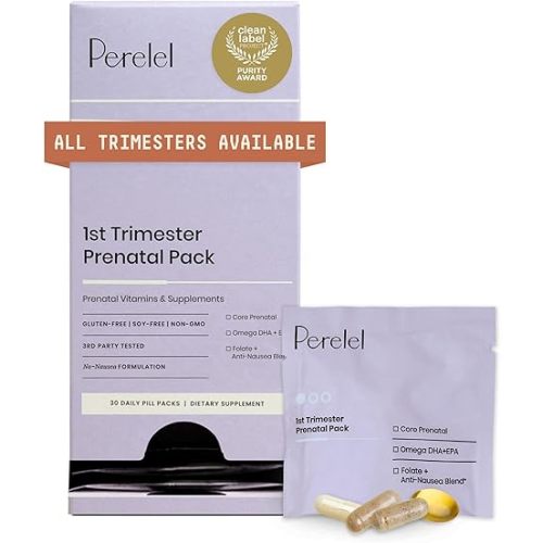 Perelel 1st Trimester Prenatal Pack, Multivitamin with Folate, Vitamin D, Omega 3, Iron & Ginger, Nutritional Support for Early Pregnancy, Soy & Gluten Free, Non GMO, 30 Daily Pill Packs