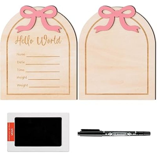 R HORSE Baby Birth Announcement Sign - 3D Wooden Baby Birth Sign with Marker Pen for Baby Hand and Footprints, Coquette Pink Bow Newborn Name Announcement Sign with Ink Pad for Unisex Baby Shower
