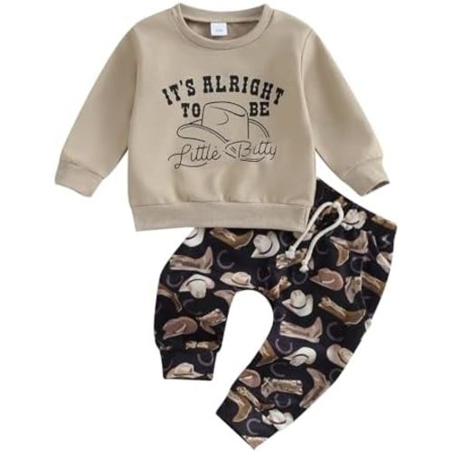 SAYOO Western Baby Boy Clothes Cow Print Sweatshirt Pullover Top Jogger Pants 2Pcs Toddler Boy Cowboy Fall Winter Outfits