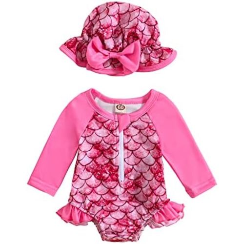 Baby Girl Swimsuit Long Sleeve Zipper Bathing Suit One Piece Swimwear with Hat