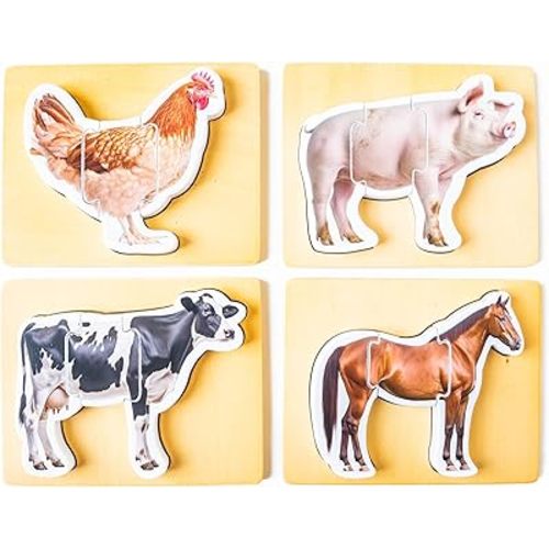 Wooden Montessori Animal Puzzles for Toddlers 2+ Years | Realistic Chunky Farm Animal Shape Puzzle | Educational Learning Toy - Three-Piece Farm Animal Puzzles