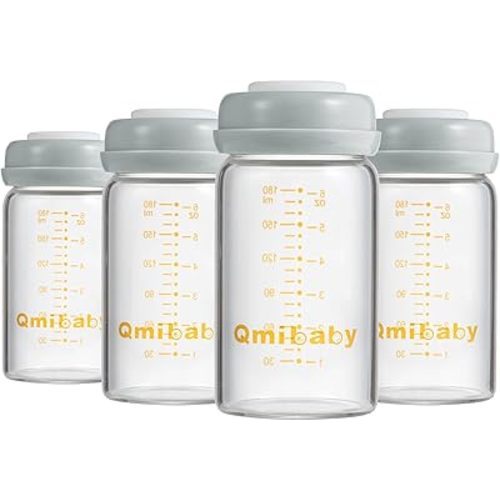 Glass Breastmilk Storage Bottles 180ml 6oz BPA-Free Leak-Proof Natural Baby Bottle for Breastmilk Storage Wide Neck Bottles with Screw Ring Sealing Disk Breastfeeding (Grey, 180ml-4Packs)