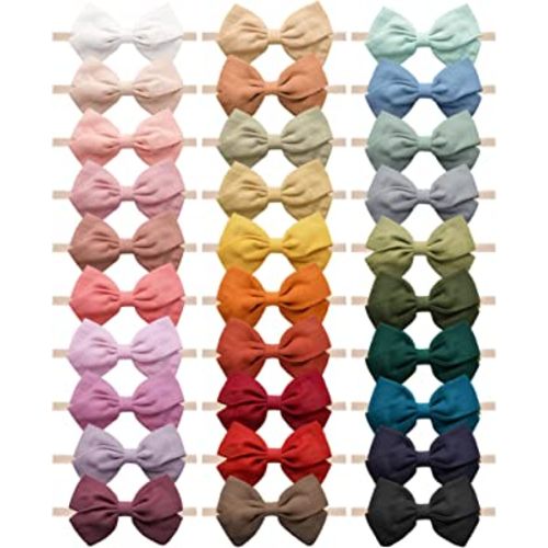 30 Pcs Baby Headbands Girls Hair Bows Nylon Hairbands with Linen Bows Handmade Head Accessories for Infant Newborn Toddlers Kids