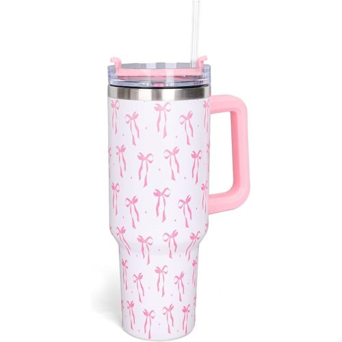 Whaline 40oz Pink Bow Tumbler with Handle Straw and Lid Bow-Knot Travel Coffee Tumbler Cup for Women Friend Holiday Birthday Gift