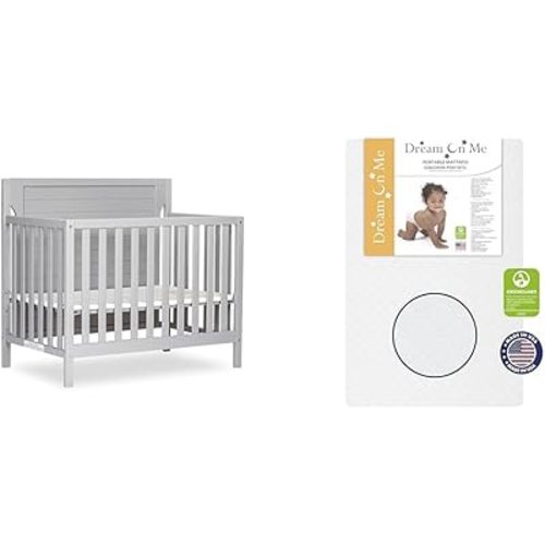 Dream On Me Bellport 4 in 1 Convertible Mini/Portable Crib in Pebble Grey, Non-Toxic Finish & Sunset 3” Extra Firm Fiber Crib Mattress, Greenguard Gold Certified