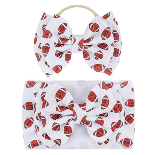 YanJie Hairband, Football Sports Printed Handmade Hairbands for Baby Girls Infant - 2 Pack, Nylon Game Day Hair Bow Headbands, Super Soft Breathable, Ideal for Football Season, Photography