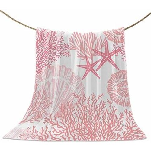 Nautical Coastal Flannel Fleece Blanket Pink Coral Super Soft Warm Cozy Throw Blanket Seashell Starfish Marine Life Bed Couch Car Blankets for All Season 60" x 80"